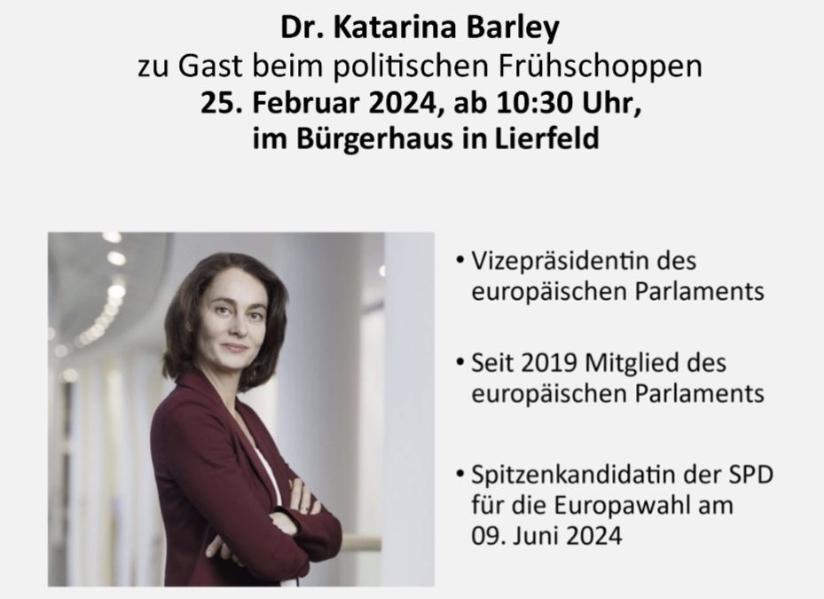 Dr. Katarina Barley zu Gast beim politischen Frühschoppen am 25. Februar ab 10:30 Uhr im Bürgerhaus Lierfeld